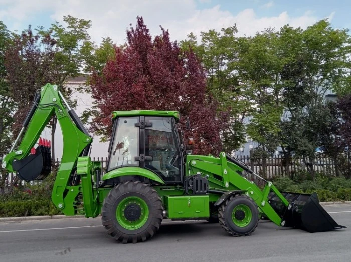 Wheeled backhoe loader front view